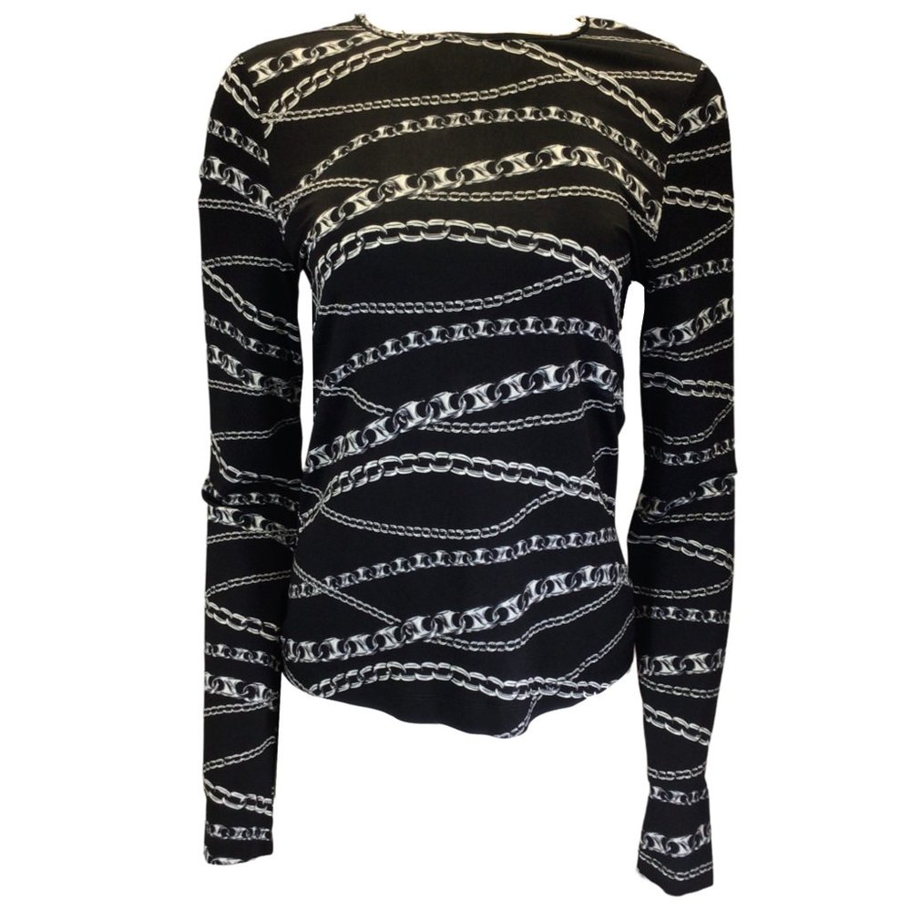 PACO RABANNE BLACK / SILVER CHAIN PRINT LONG SLEEVED STRETCH JERSEY TOP